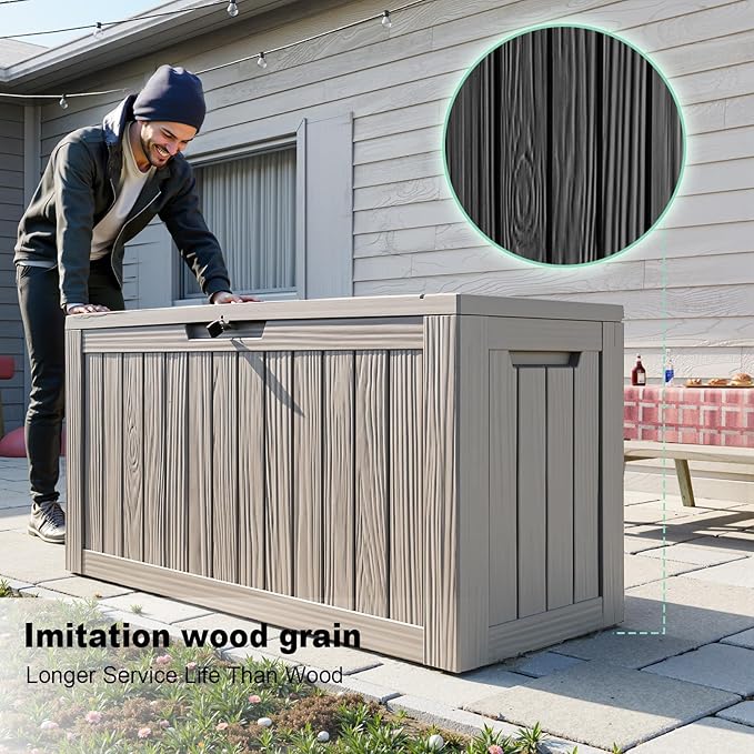 EasyUp 80 Gallon Resin Deck Box Storage Outdoor Waterproof Boxes Lockable UV Resistant Container for Patio Furniture Cushions Pool Supplies Garden Tool, Equipment Outside Storage Delivery, Gray EASYUP