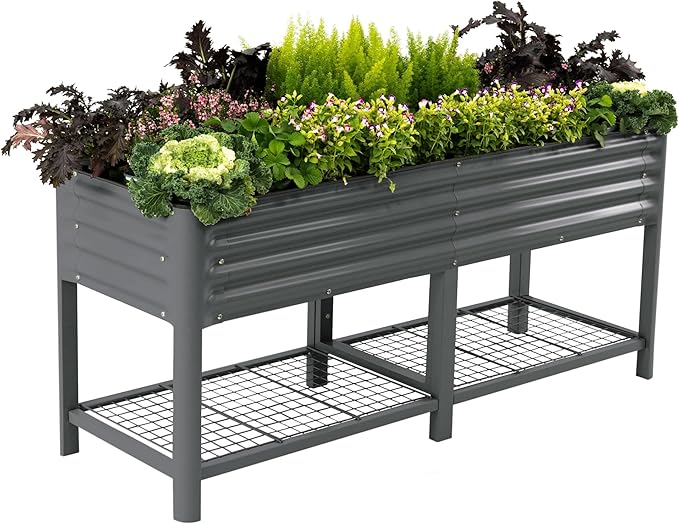 Elevated Raised Garden Bed-V Series, 2' x 6' Garden Beds with Legs & Storage Rack for Patio Porch, 1000 Lbs Weight Capacity, Outdoor Planter Boxes for Gardening Herbs Vegetables Flowers, Modern Gray VegoGarden
