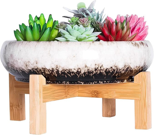 ARTKETTY Succulent Pots - 10 Inch Large Ceramic Bonsai Pots with Drainage Stand for Indoor Plants Shallow Planters Decorative Cactus Flower Plant Container Bowl ARTKETTY