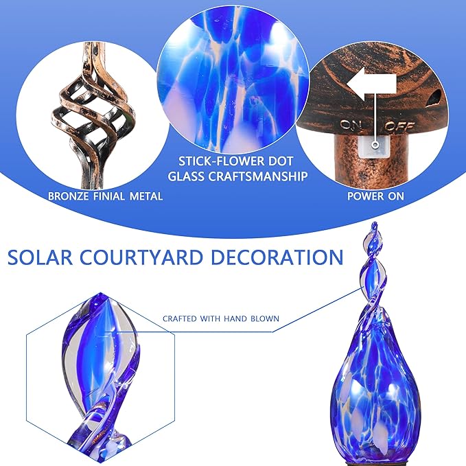 Solar Garden Lights Outdoor, Decorative LED Flame Garden Stakes, Hand Blown Glass and Outdoor Waterproof Glass Stakes (Dark Blue) Rootora