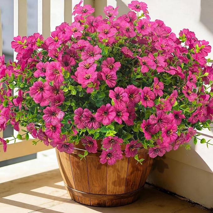 20 Bundles Artificial Flowers for Outdoors, UV Resistant Fake Plants Flowers Greenery Shrubs Plants for Decoration Outside Plants Hanging Planter Home Garden Decor (Rose Red) Grunyia
