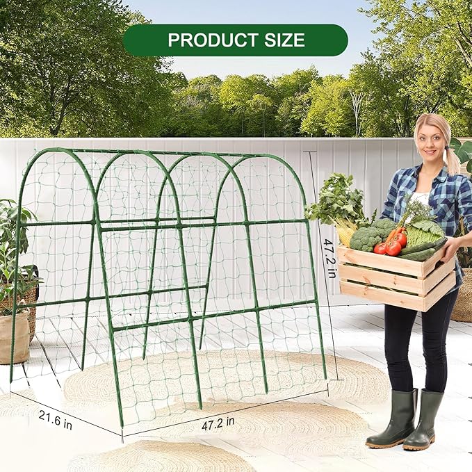 U-Shape Cucumber Trellis for Raised Bed - 47"x47"x22" Metal Garden Trellis with Net & Clips | Rust-Proof Plant Support for Cucumber, Tomato, Peas | Heavy-Duty Outdoor Climbing Plants Trellis Eunice
