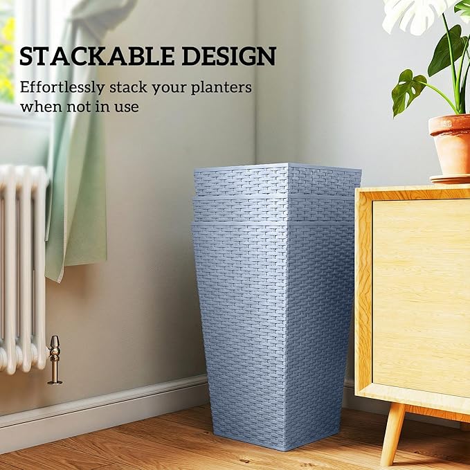 Outsunny Tall Planters for Outdoor Plants Set of 3, 24 in Taper Planters with Drainage Holes, Rattan Decor Plant Pots for Indoor Outdoor Front Porch Patio Backyard, Light Gray Outsunny