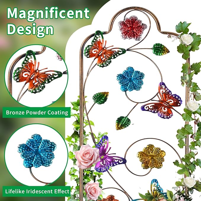 2 Pack Metal Garden Trellis Arched Fence Trellises for Climbing Plants Outdoor, Roses, Vines, Flowers, and Vegetables Support, 60'' H x 12'' W, Butterfly YADOOLIFE