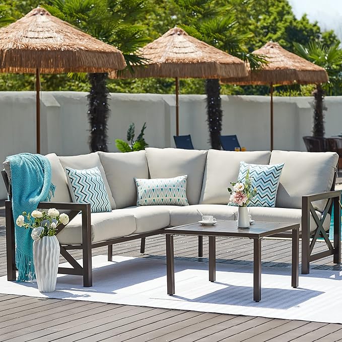 NATURAL EXPRESSIONS 6 Pieces Patio Furniture Sets, Metal Outdoor Sectional Furniture L Shape Patio Conversation Sets,Highback Frame,Metal Table,Large Waterproof Cover, 6.5" Olefin Cushions NaturalExpressions