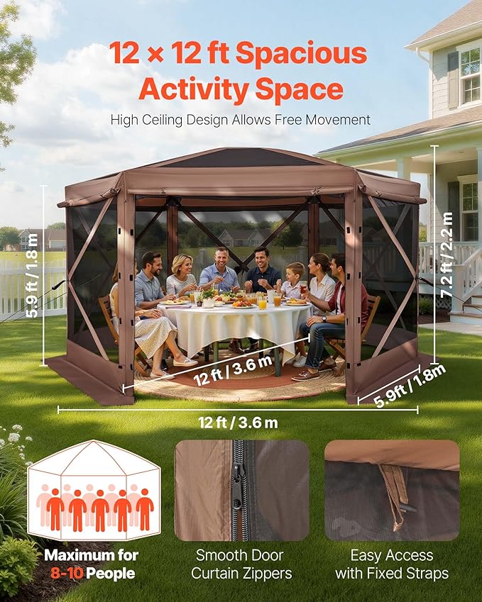 VEVOR Pop up Gazebo Screen Tent, 12 x 12 ft Large 6-Sided Camping Canopy Tent with Removable Top & Carry Bag, Quick-Set & Bite-Proof, Screen House Sun Shelter for 8-10 Persons Backyard Patio, Brown VEVOR