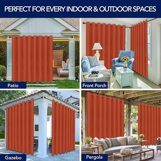 PureFit Outdoor Curtains for Patio Waterproof Weatherproof, UV Resistant Outside Curtains for Gazebo, Front Porch, Pergola, Sun Blocking Privacy Curtain, 120W x 108L inch, 1 Panel, Red Clay PureFit