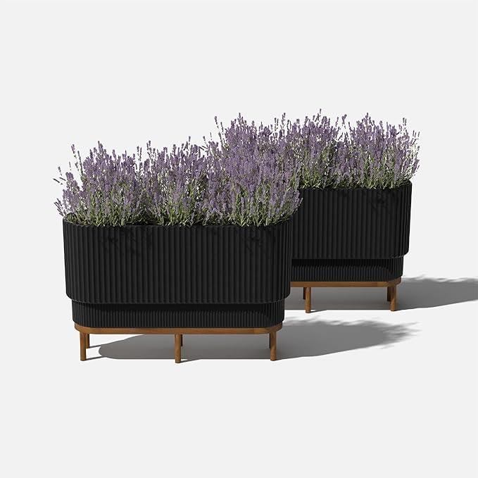 Veradek Demi Series Raised Long Planter for Indoor/Outdoor Use | Made from Plastic & Stone w/Wooden Stand | Modern Patio Décor for Flowers/Shrubs VeradekOutdoor
