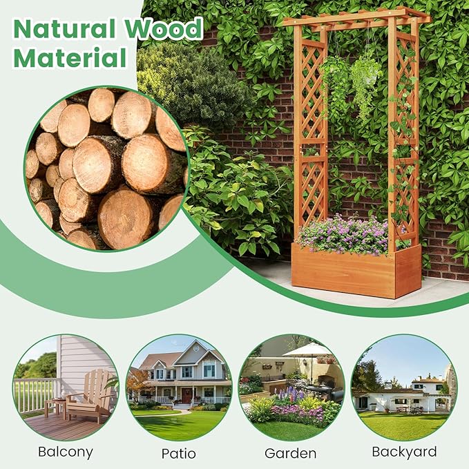 Giantex Set of 2 Raised Garden Bed with 2-Sided Trellis & Hanging Roof, Fir Wood Planter Box w/Drainage Holes, Bottom Gaps, Freestanding Garden Planter for Flowers Herbs Climbing Vines (31"x12.5"x60") Giantex