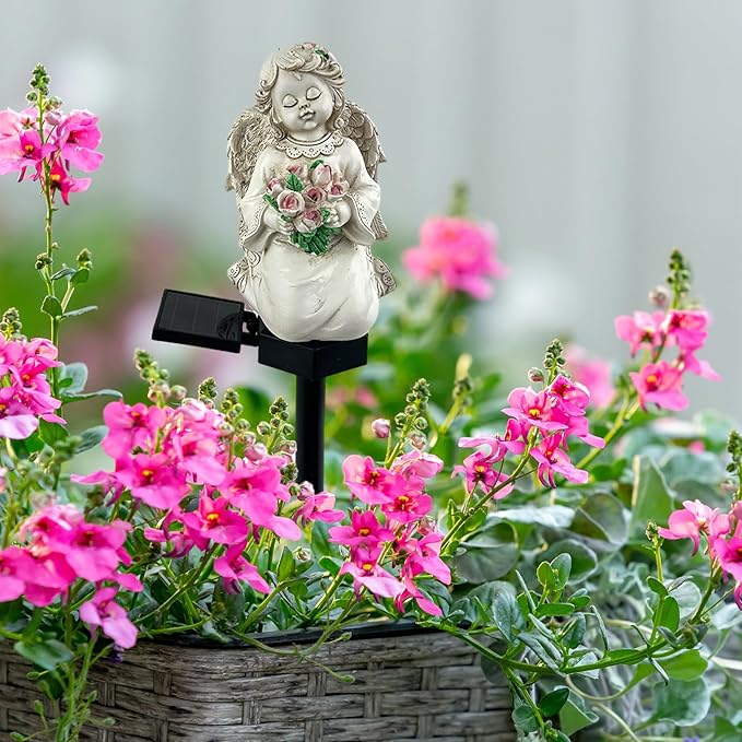 Solar Garden Angel Lights, Waterproof Outdoor Garden Angels Statue Decorations Solar Lights for Cemetery Gravesite Grave Outside Yard Patio Lawn Porch (Flower) LAIAMER