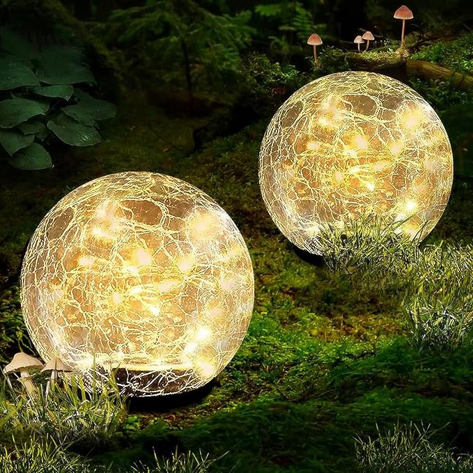 Coroor Garden Solar Ball Lights Outdoor Waterproof, 50 LED Cracked Glass Globe Solar Power Ground Lights for Path Yard Patio Lawn, Christmas Decoration Landscape Warm White(2 Pack 4.7'') Coroor