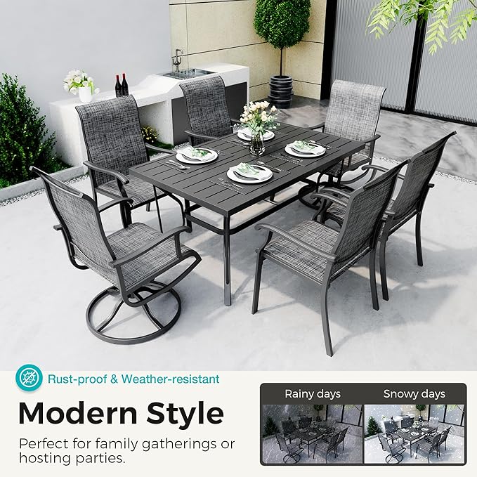 Pamapic 7-Piece Outdoor Dining Set, Patio Dining Set for 6, All-Weather Outdoor Patio Set with 2 Textilene Swivel Chairs & 4 Regular Chairs for Garden, Poolside, Deck，Gray Pamapic