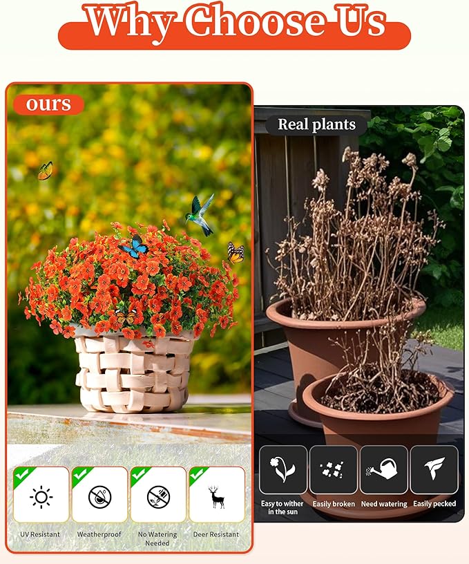 Fake Mums Faux Flowers for Outdoor Planters 16 Bundles UV Resistant Artificial Eucalyptus Plants Outside Fall Yard Decoration Realistic Silk Daisy Patio Front Porch Garden Pots Decor-Orange Red JAKY-Global