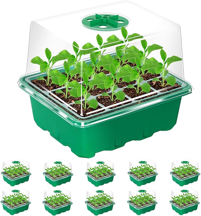 Bonviee 10 Packs Seed Starter Tray with Elevated Lid, 120 Cells Thicken Seed Starting Trays Kit with Adjustable Humidity Vent, Clear Cell Tray and Heightened Lids for Greenhouse & Gardens, Green BonvieeDirect
