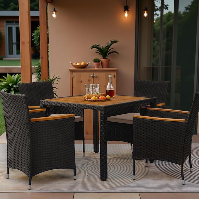 Greesum 5 Pieces Outdoor Patio Dining Set, Conversation Sets with 1 Table and 4 Rattan Chairs with Curved Acacia Wooden Armrests and Cushions, Black BuynowfromGreesum