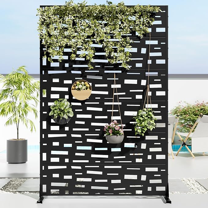 Casaphoria Metal Privacy Screen Outdoor, 72" H x 47" W Freestanding Decorative Privacy Screen for Patio Deck Balcony Garden with Stable Base, Black-Gerald Casaphoria