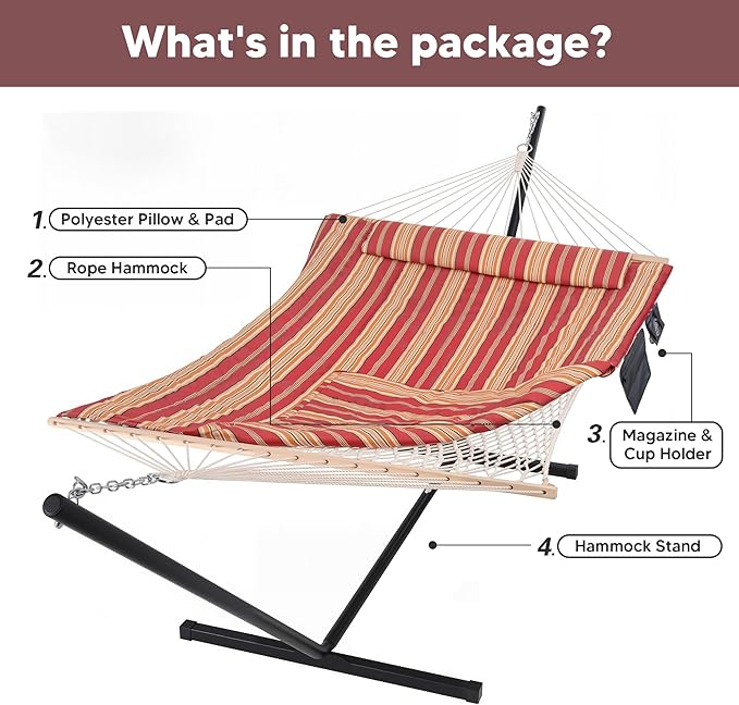SUNCREAT Hammocks Portable Hammock with Stand, Hammock with Stand 2 Person Heavy Duty for Bedroom, Backyard, Patio, Balcony, Red Stripe SUNCREAT