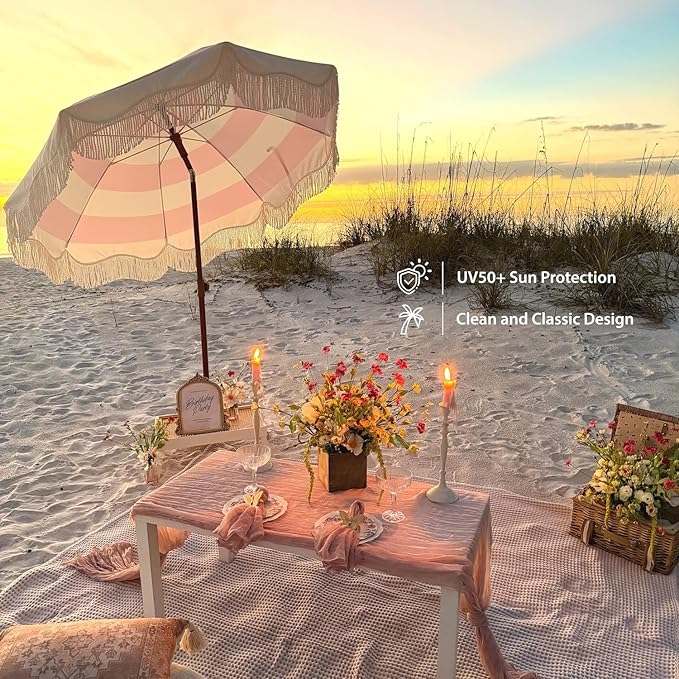 AMMSUN Boho Fringe Umbrella Outdoor Patio, 6.5ft UPF50+ Picnic Umbrella with Tassels with Steel Pole and Push Button Tilt, Pink Stripes AMMSUN