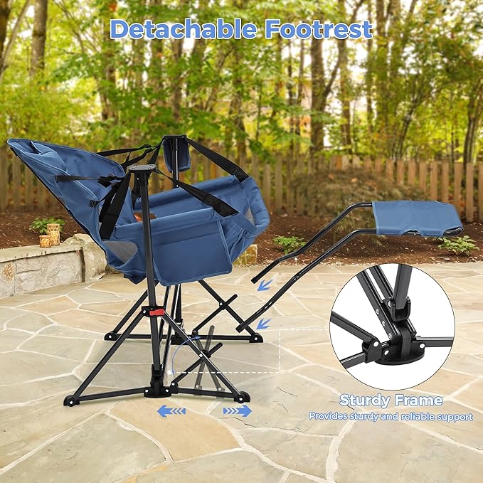 Ainfox Hammock Camping Chair with Footrest, Foldable Portable Rocking Chairs for Adults Outside Swinging Camp with Cup Holder Pillow for Outdoor Patio Poolside (Dark Blue) Ainfox