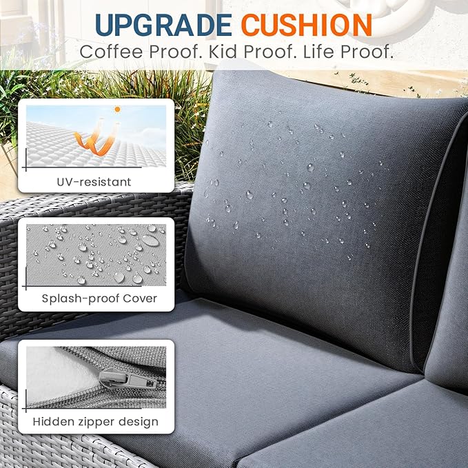 Wisteria Lane 5 Piece Patio Furniture Set, Wicker Outdoor Patio Conversation Furniture Set, All Weather Outdoor Patio Sofa with Cushion and Glass Table, Dark Grey WisteriaLane