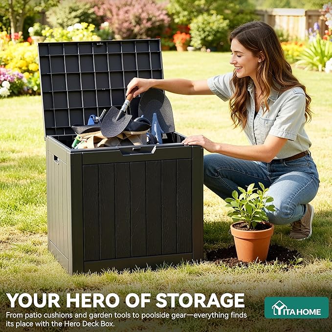 YITAHOME 30 Gallon Deck Box Outdoor Storage Box, Waterproof Resin Package Delivery and Storage Box with Lockable Lid for Patio Furniture Cushions, Pool Accessories, Garden Tools, Black YITAHOME