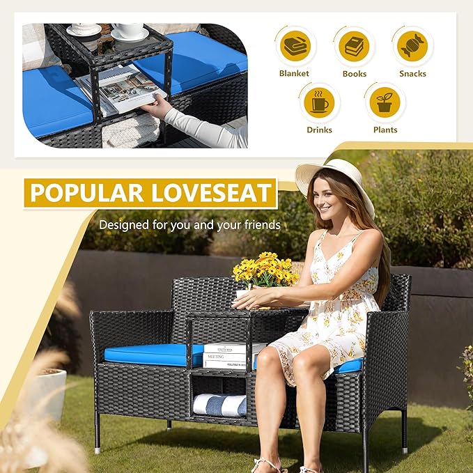 Devoko Outdoor Patio Loveseat Modern Rattan 2-Seat Patio Conversation Set with Cushions & Built-in Coffee Table Porch Furniture for Garden Lawn Backyard (Blue) DEVOKO