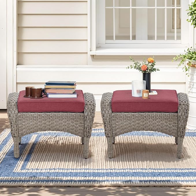 Belord Outdoor Ottomans for Patio Foot Rest - 25 Inch PE Wicker Foot Stool Set of 2 with Removable Cushions for Patio Furniture Sets,All Weather Rattan Ottoman for Balcony Deck Backyard Brown Belord