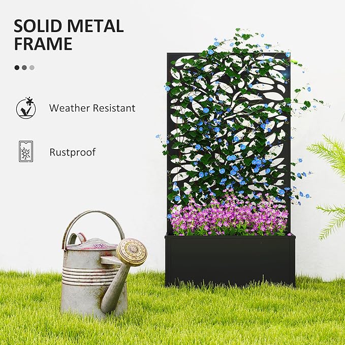 Outsunny Metal Raised Garden Bed with Trellis for Climbing Plants, Freestanding or Wall Mounted Flower Bed with Privacy Panel, Leaves Cut-Outs Outdoor Planter Box for Garden, Patio, Balcony Outsunny