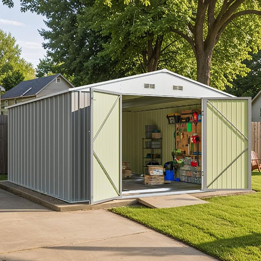 Patiowell 10 x 12 FT Metal Storage Shed for Outdoor with Floor Frame, Steel Yard Shed with Design of Lockable Doors, Utility and Tool Storage for Garden, Backyard, Patio, Outside use, Grey Patiowell