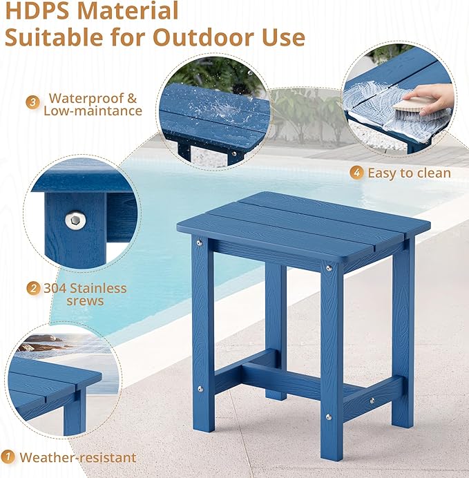 LUE BONA Outdoor Side Table Set of 2, HDPS Small Outdoor Table, Adirondack Side Table, Outside End Table for Patio, Porch, Deck, Weather Resistant/Easy Maintenance/Indoor or Outside Use, Navy Blue LUEBONA