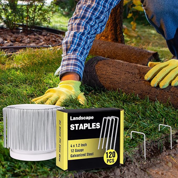 HongWay 120 Pack 4 Inch Landscape Garden Staples, Garden Stakes Galvanized 12 Gauge SOD Ground Stakes Landscaping Fabric Pins Yard Staples for Lawn Turf Hose Irrigation Tubing HongWay
