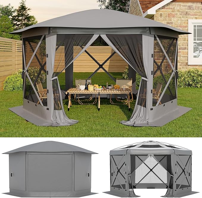 13x13FT 6-Sided Pop Up Gazebo Tent，One-Push Setup Canopy Tent with Removable Canopy Top & Wind Cloths, Outdoor shelter for Camping, Backyard Parties, Outdoor Events - Grey GarveeLife
