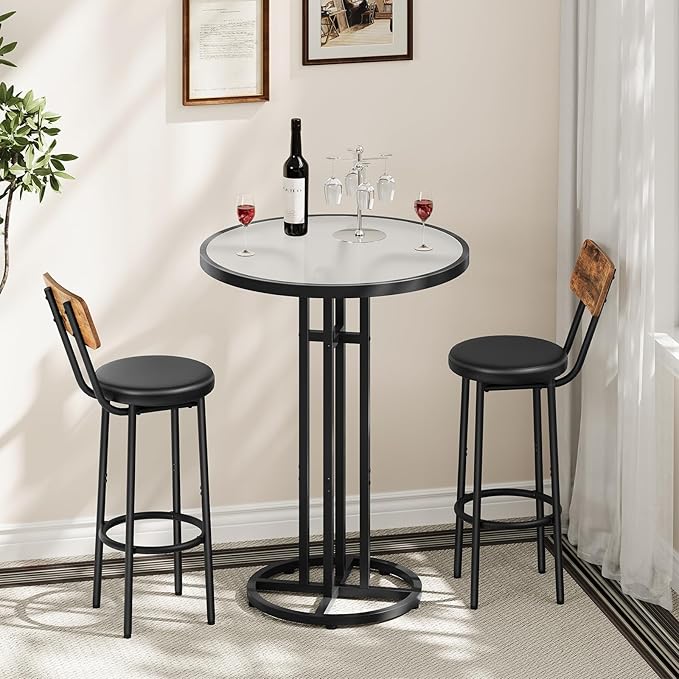 HOOBRO Bar Table, 23.6-Inch Round Pub Table, Frosted Glass Cocktail Table with Sturdy Iron Frame & Adjustable Feet, Modern Small Coffee for Home Bar, Kitchen, Living Room, Outdoor, Black BK96BT01 HOOBRO