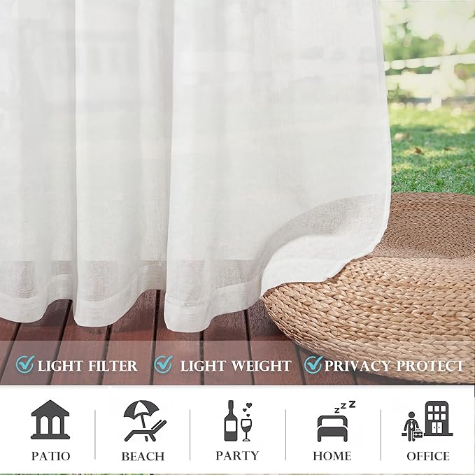 RYB HOME Sheer Curtains for Patio Outdoor, Linen Textured White Panel Grommet Top Waterproof Light Diffused Drapes for Porch Gazebo Deck, 2 Pieces with Tieback Ropes, W52 x L 96 inches RYBHOME
