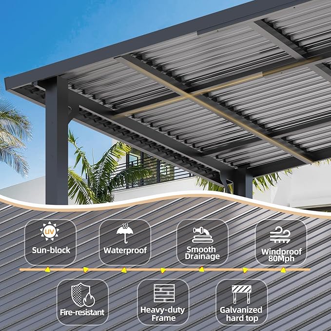 AECOJOY 14' x 10' Outdoor Hardtop Gazebo Pergola for Patio, 10x14 Large Galvanized Steel Heavy Duty Lean to Wall-Mounted Pergolas and Gazebos Clearance, Metal Patio Roof Awnings for Backyard, Decks AECOJOY
