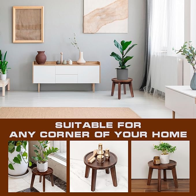 Demigo Indoor Plant Stand, Acacia Wooden Decorative Plant Shelf with Spill-Proof Tray, Stable 8” Tall Flower Holder for Heavy Pots, Gardening Display for Decor Living Room Patio - Dark Brown Demigo