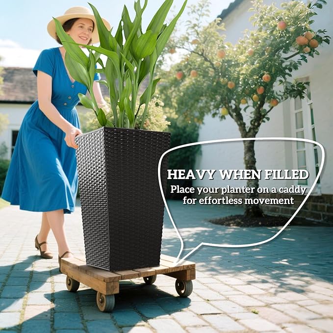 Outsunny Tall Planters for Outdoor Plants Set of 3, 24 in Taper Planters with Drainage Holes, Rattan Decor Plant Pots for Indoor Outdoor Front Porch Patio Backyard, Black Outsunny