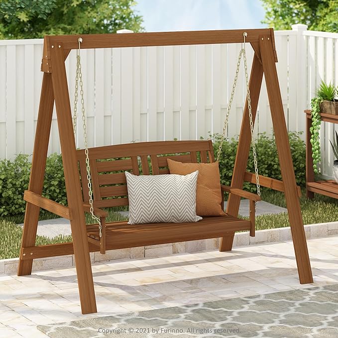 Furinno TIOMAN Porch Swing, Outdoor Hanging Wooden Swing with Stand in Teak Oil, Light Wood Furinno-FitsYourSpaceFitsYourBudget