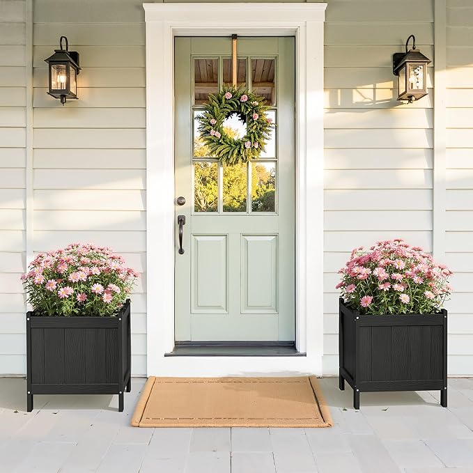 LUE BONA Outdoor Plant Pots, 13.7" x 12.5" x 14.5" HDPS Flower Pots with Drainage Holes, Outdoor Planters Boxes for Outdoor Plants - Porch Patio, Garden or Entryway, Black LUEBONA