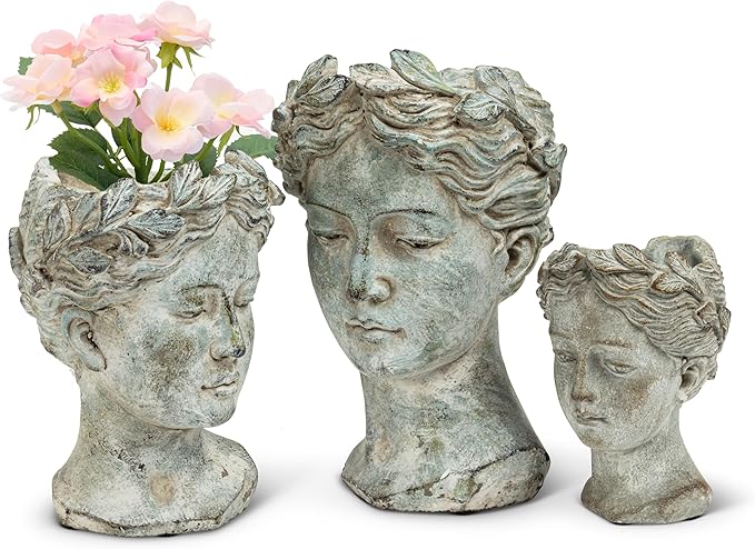 Abbott Collection Goddess Head Planter – Small Cement Indoor and Outdoor Planter Pot – Grecian Woman Statue Head Planter for Flowers and Succulents (Grey, 8.5" Tall, 3.5" Opening) AbbottCollection