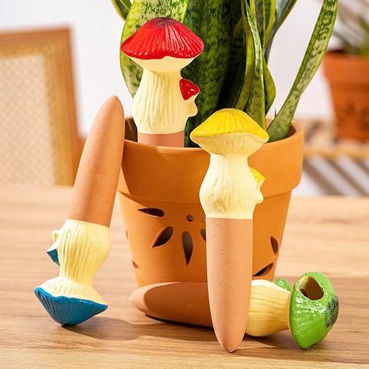 4 Pack Watering Globes - Terra Cotta Watering Spikes for Indoor Plants, Handcrafted Mushroom Shape Self Watering Devices with Slow Release System, Plant Water Bulbs for Vacation & Outdoor Pot LumDecor