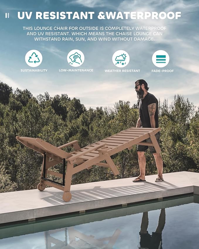 SERWALL Patio Chaise Lounge Chair, 78'' Long HDPE 5 Positions Adjustable Poly Lounge Chair with Rolling Wheels & Cup Holder for Pool, Brown SERWALL