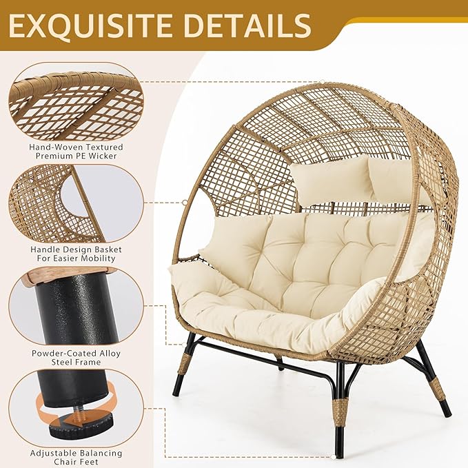 NICESOUL Indoor Outdoor Double Egg Chair with Ottoman Padded Cushions, 57.1" Plus Size XL Wicker Lounge Chair Deep Seating with Footrests, 2 Person Loveseat for Patio Porch Balcony Cream Beige NICESOUL