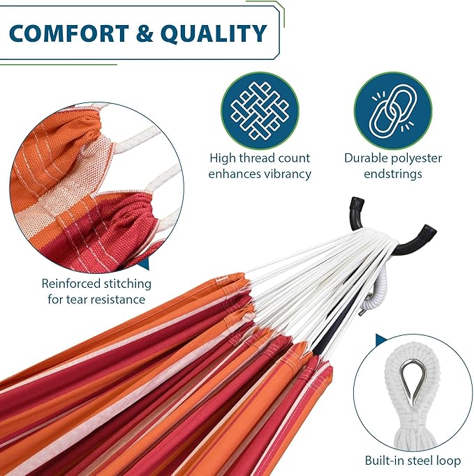 Vivere Double Cotton Hammock with Space Saving Steel Stand, Upgraded Polyester End Strings 450 lb Capacity - Premium Carry Bag Included - USA Grown Cotton (Mimosa) Vivere