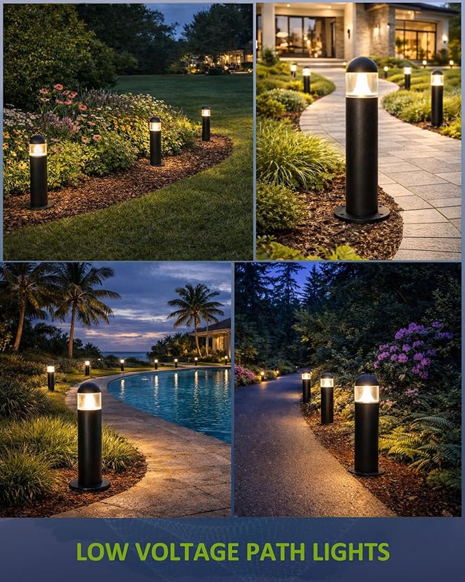 12 Pack Low Voltage Landscape Pathway Lights Wired, Outdoor Modern 12V LED Bollard Lights for Driveway Garden Walkway Yard Lawn (Included Connector), 2700K Warm White Waterproof, Black MOON-DE-AGE