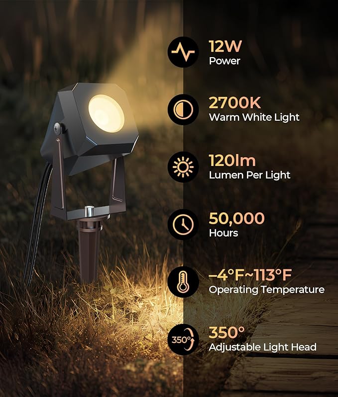 Outdoor Landscape Lighting, 4 Pack Outdoor Spotlights, LED Landscape Lights for House Yard Garden Lawn Tree Fence Plant Flags Pathway, 12V 2700K Warm White, IP65 Waterproof DeckTokLight