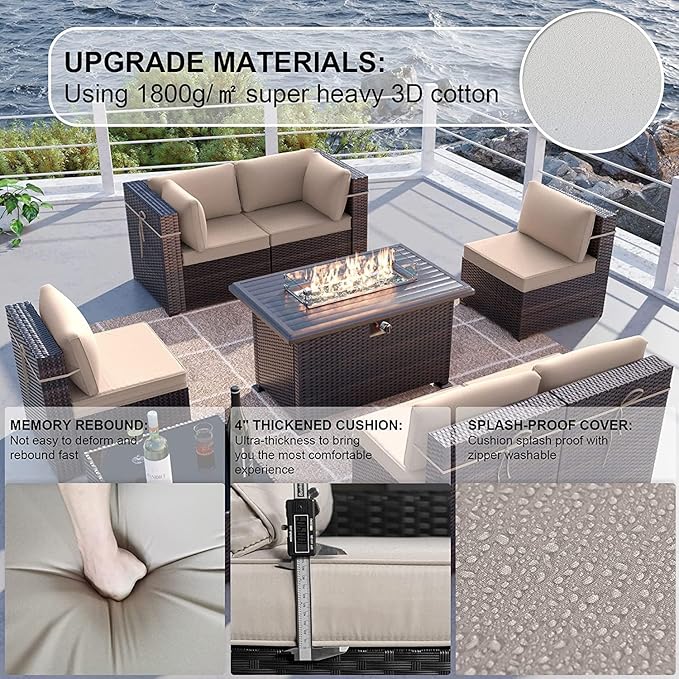 Kullavik 11 Pieces Outdoor Patio Furniture Set,PE Wicker Rattan Sectional Sofa Patio Conversation Sets with 43" 55000BTU Gas Propane Fire Pit Table,Swivel Rocking Chairs Set,Sand KULLAVIK