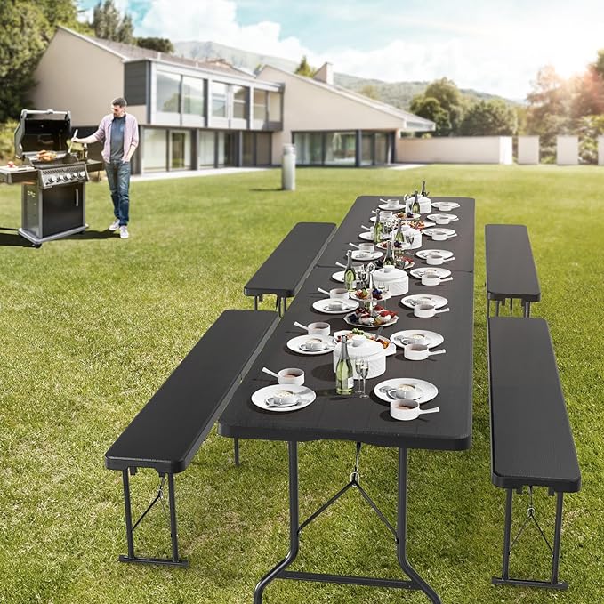 VINGLI 6 feet Plastic Folding Bench,Portable in/Outdoor Picnic Party Camping Dining Seat, Garden Soccer Multipurpose Entertaining Activities, Tree Patterned HDPE Tabletop, 2 Pack, Black VINGLI