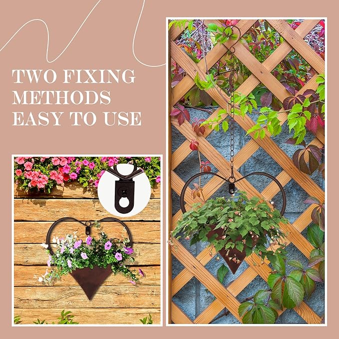 2 Pack Metal Plant Hangers Indoor and Outdoor Rustic Heart Shape Hanging Planters Holder Detachable Flower Pot with Hooks Chains Drain Hole Gifts for Valentine Women Mom Garden Lover Home Decor Romooa