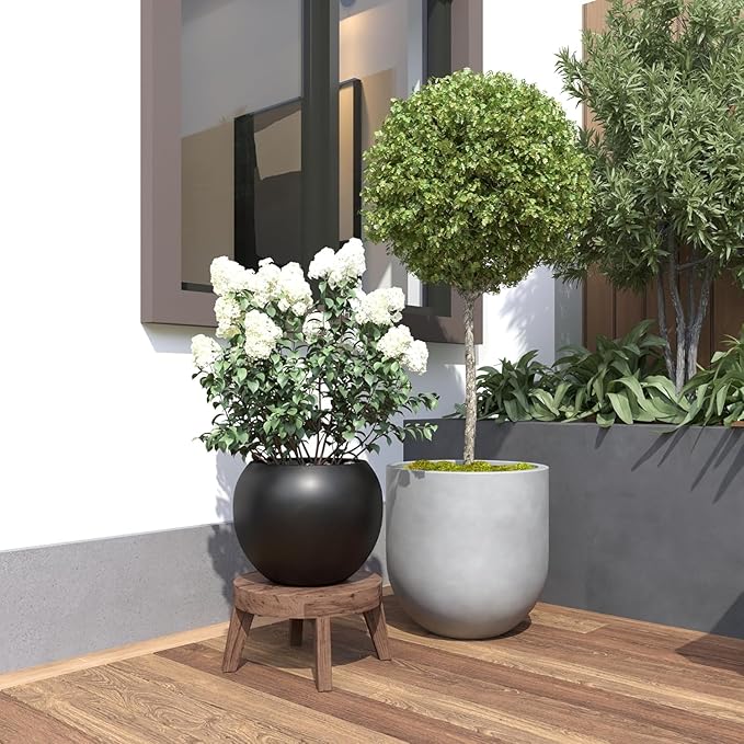 10 H x 14" Dia (10" Pot Opening) Round Fiberstone Planter with Drainage Hole, Black, Indoor/Outdoor Large Plant Pot for Home Patio Garden, Ideal for Large Plants Panlaolao